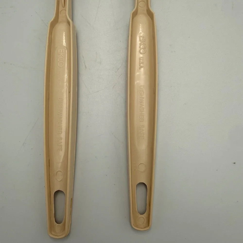 Vintage EKCO USA Plastic Serving Spoons Set Slotted Solid Almond Beige 2pc